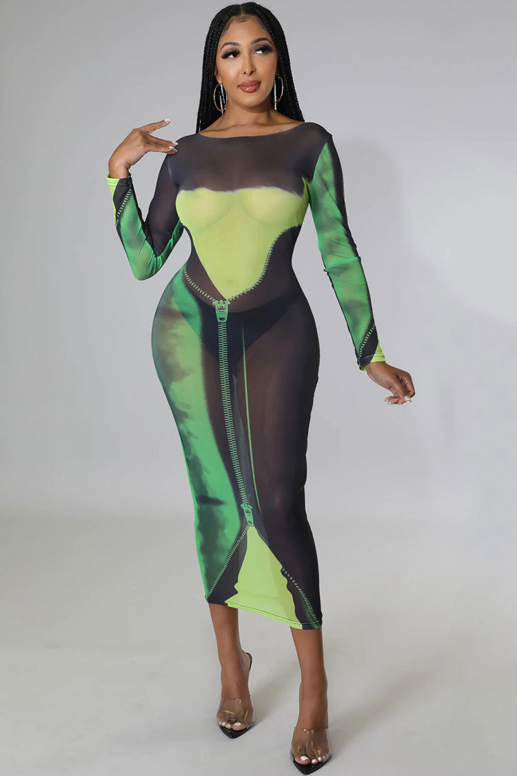 Sexy Round Neck Tie Dye Printed Long Sleeve Sheer Mesh Midi Dress - Green Fashionpara