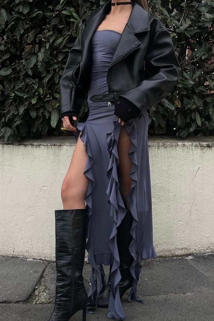 Sexy Ruched Side Ruffle Strap High Split Strapless Midi Dress - Gray Fashionpara