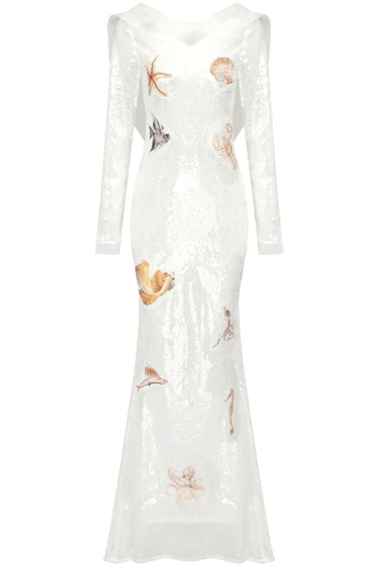 Sexy Ruffle Backless Applique Off Shoulder Sequin Sheer Mesh Maxi Dress - White Fashionpara