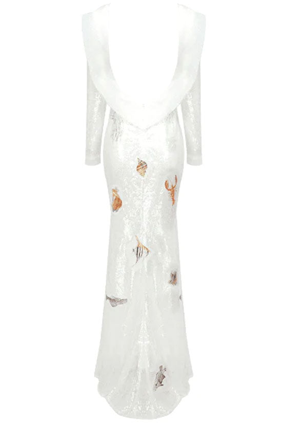 Sexy Ruffle Backless Applique Off Shoulder Sequin Sheer Mesh Maxi Dress - White Fashionpara