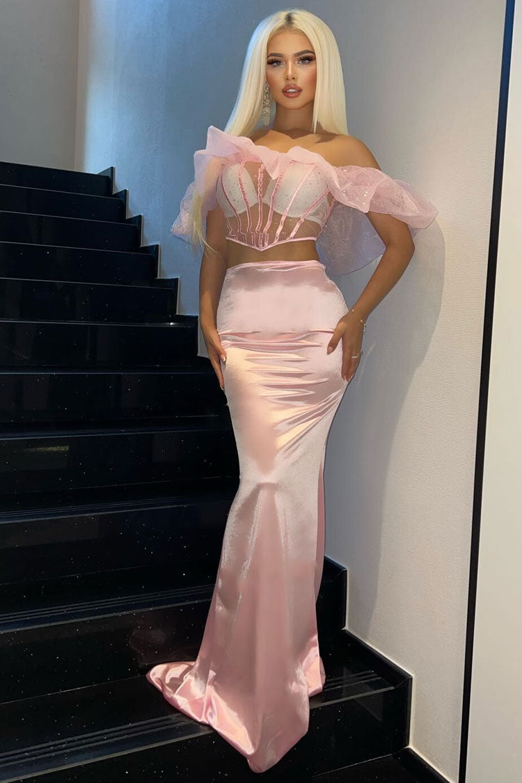 Sexy Ruffle Sheer Corset High Waist Satin Skirt Two Piece Maxi Dress - Pink Fashionpara