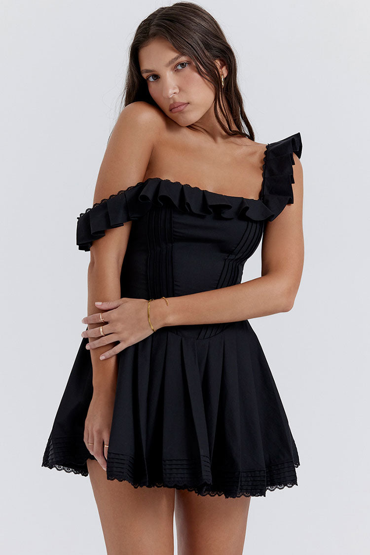 Sexy Ruffle Square Neck Frilled Fit and Flare Drop Waist Summer Mini Sundress - Black  Fashionpara