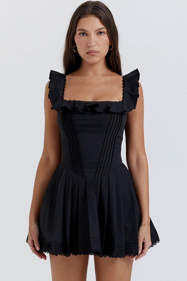 Sexy Ruffle Square Neck Frilled Fit and Flare Drop Waist Summer Mini Sundress - Black  Fashionpara