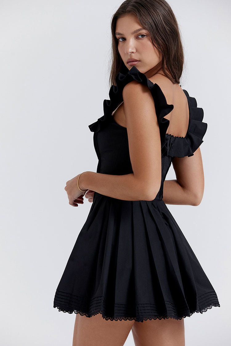 Sexy Ruffle Square Neck Frilled Fit and Flare Drop Waist Summer Mini Sundress - Black  Fashionpara