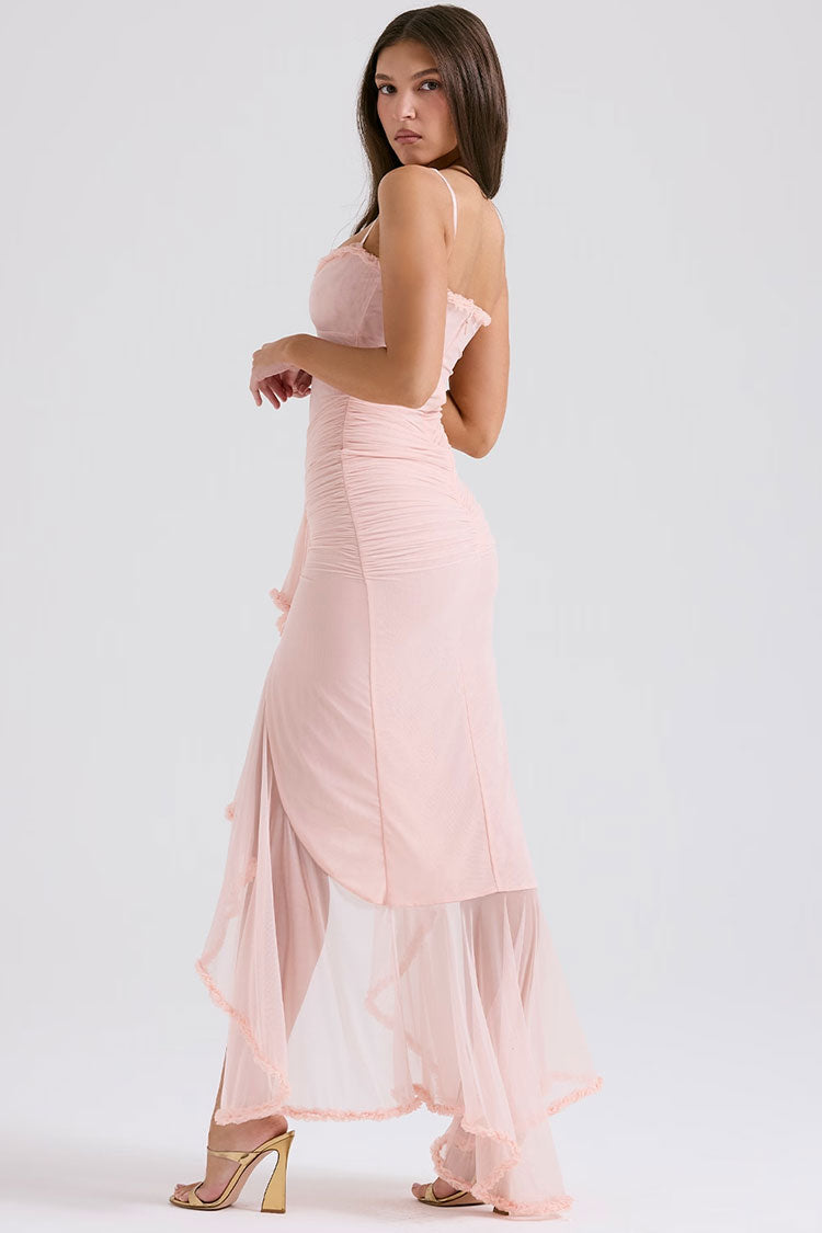 Sexy Ruffle Sweetheart Cutout Ruched Mesh Slip Fishtail High Low Evening Dress - Fashionpara