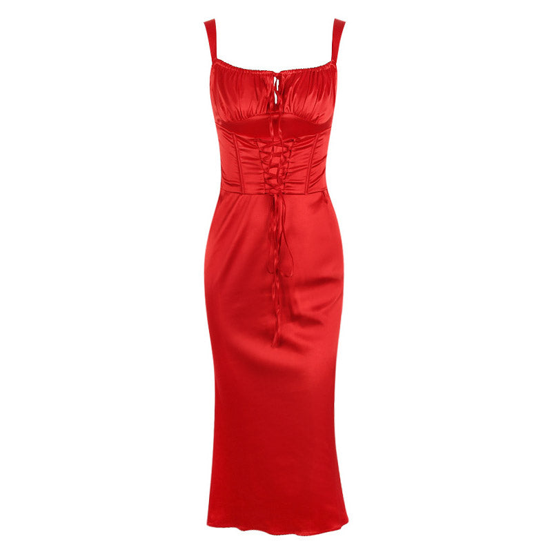 Satin Sweetheart Lace-Up Corset Fishtail Midi Dress 4