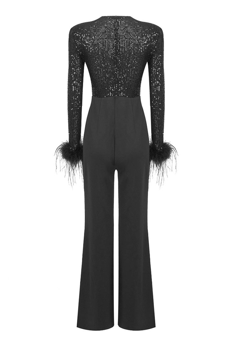 Sexy Sequin V Neck Underwire Feather Trim Long Sleeve Wide Leg Jumpsuit - Fashionpara