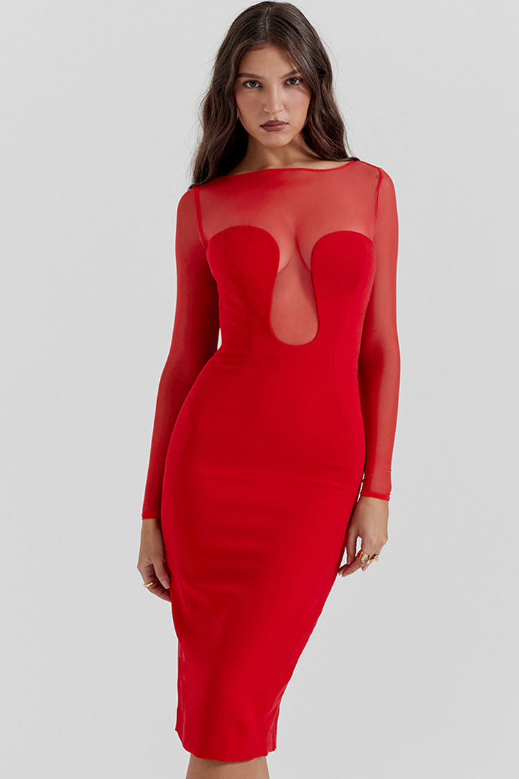 Sheer Mesh Boat Neck Long Sleeve Bodycon Midi Dress - View 2