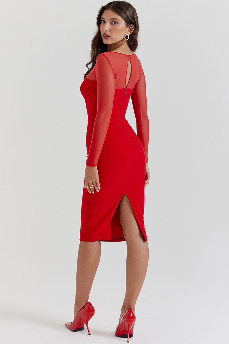 Sheer Mesh Boat Neck Long Sleeve Bodycon Midi Dress - View 6