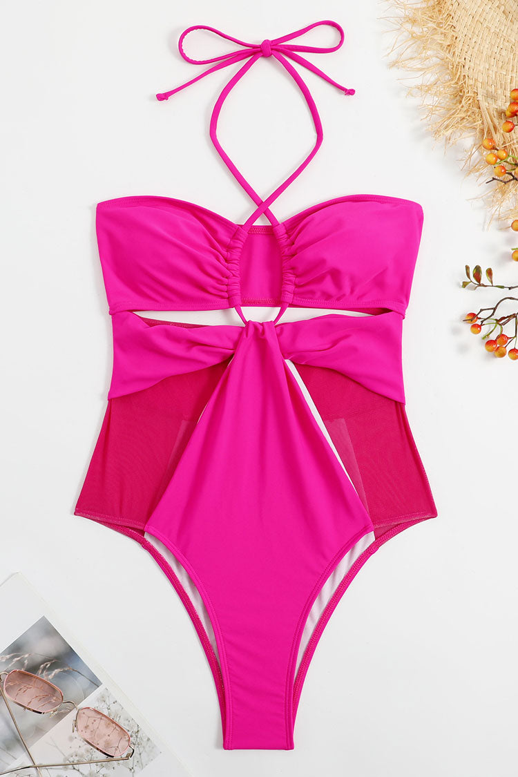 Sexy Sheer Mesh Panel Cutout Ruched Trim Halter One Piece Swimsuit - Fashionpara