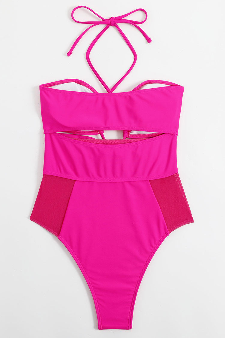 Sexy Sheer Mesh Panel Cutout Ruched Trim Halter One Piece Swimsuit - Fashionpara