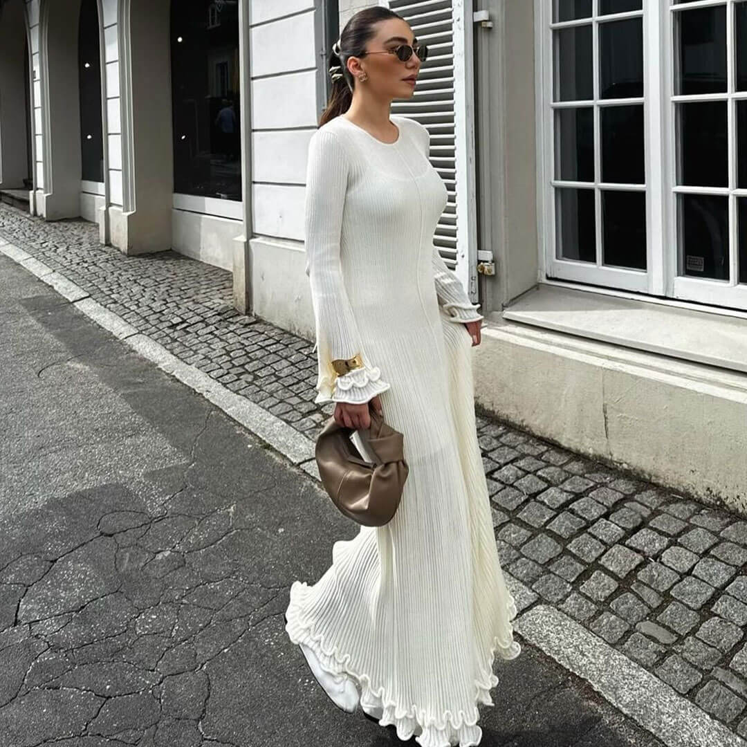 Trendy & Unique Sheer Knit Ruffle Maxi Sweater Dress