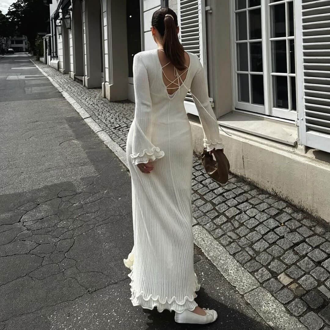 Trendy & Unique Sheer Knit Ruffle Maxi Sweater Dress