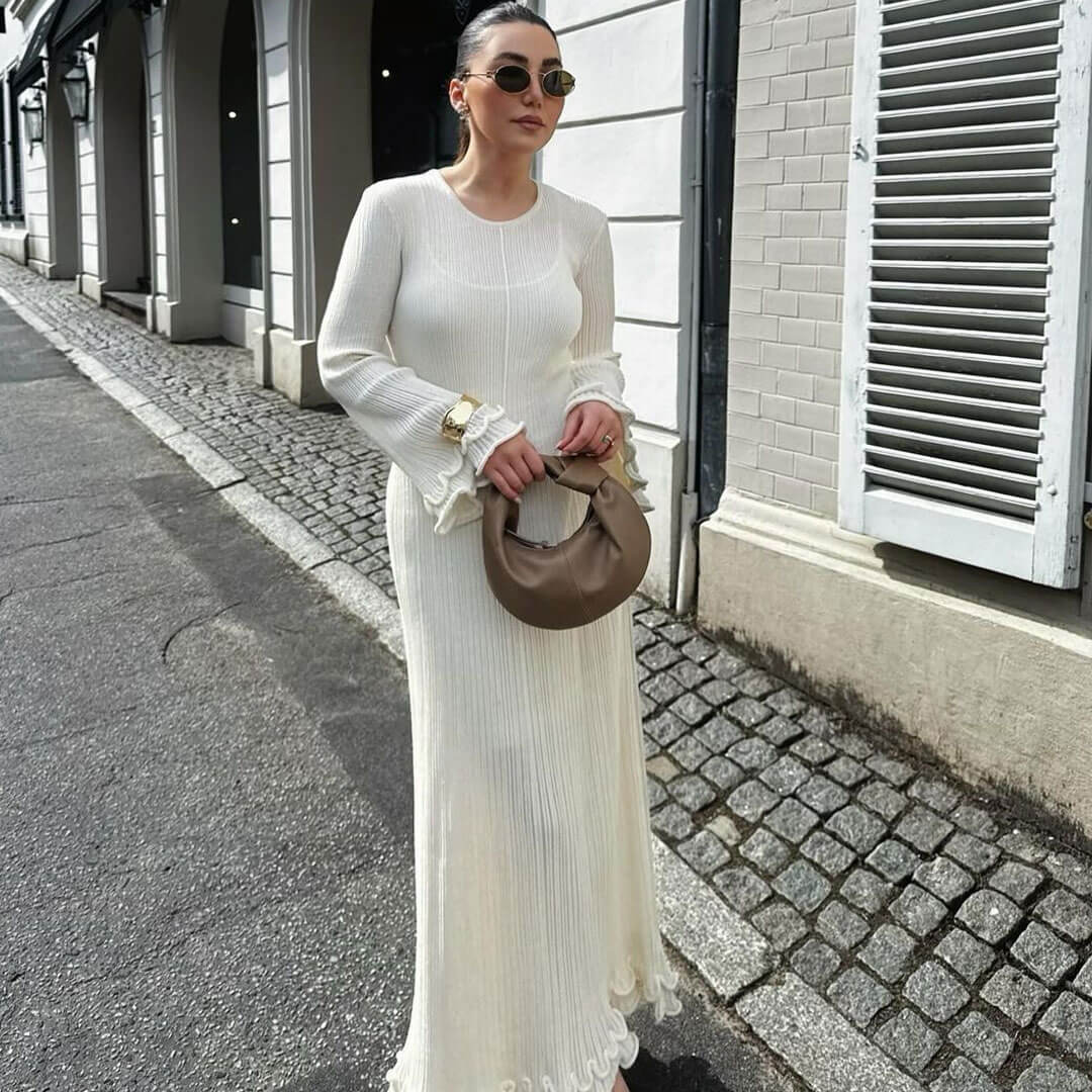 Trendy & Unique Sheer Knit Ruffle Maxi Sweater Dress