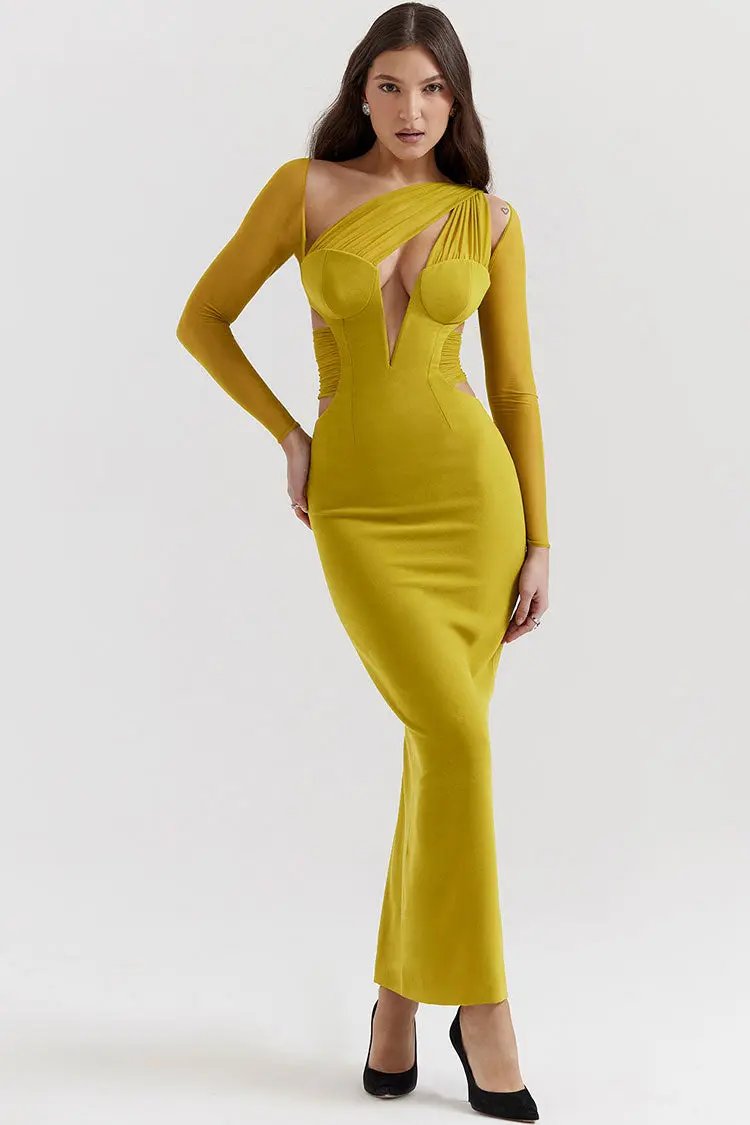 Sexy Sheer Ruched One Shoulder Cutout Bodycon Evening Maxi Dress - Yellow Fashionpara
