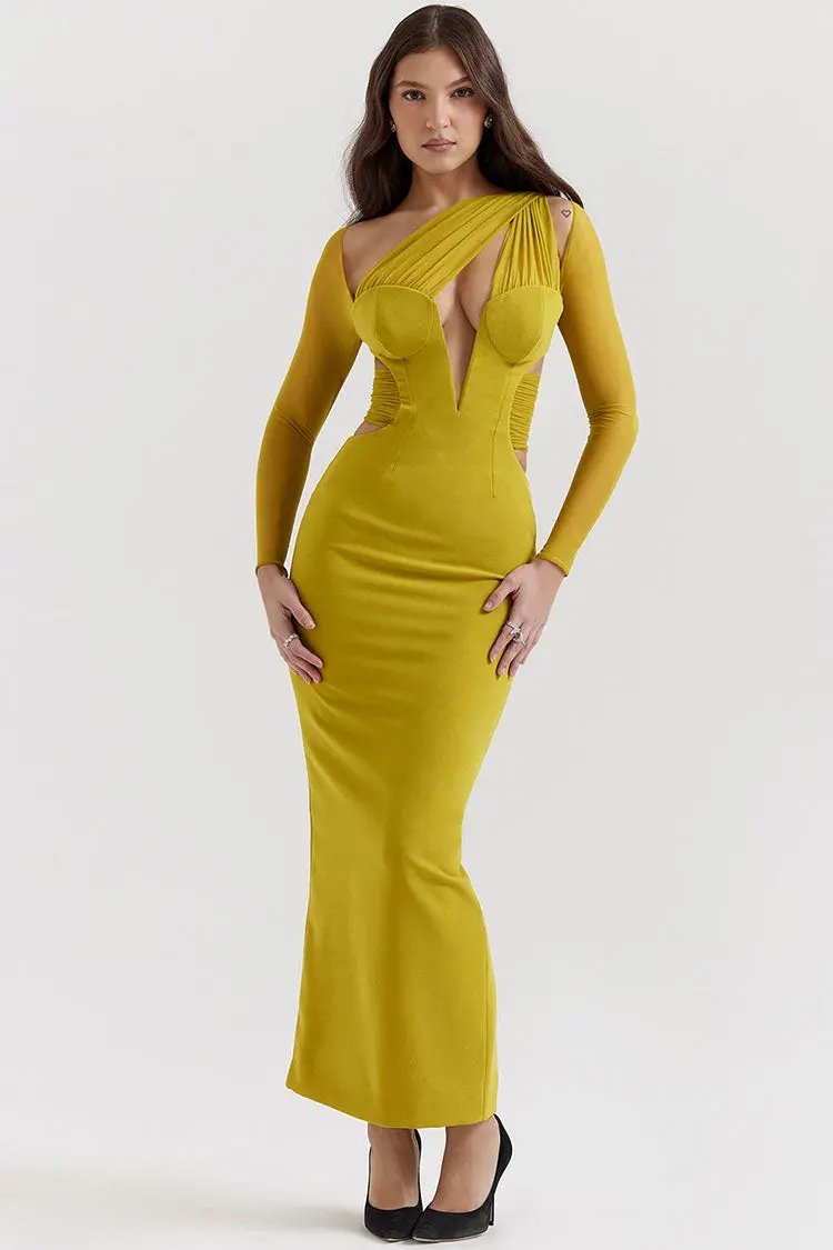 Sexy Sheer Ruched One Shoulder Cutout Bodycon Evening Maxi Dress - Yellow Fashionpara