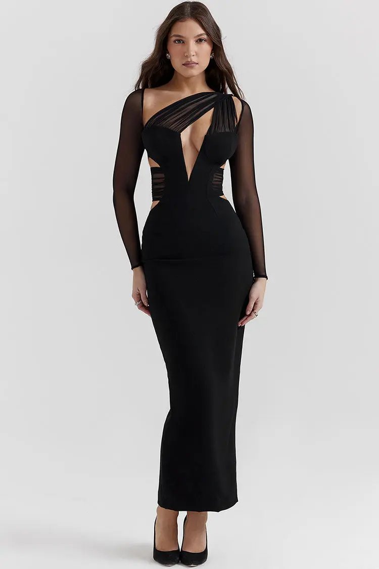 Sexy Sheer Ruched One Shoulder Cutout Bodycon Evening Maxi Dress - Black Fashionpara
