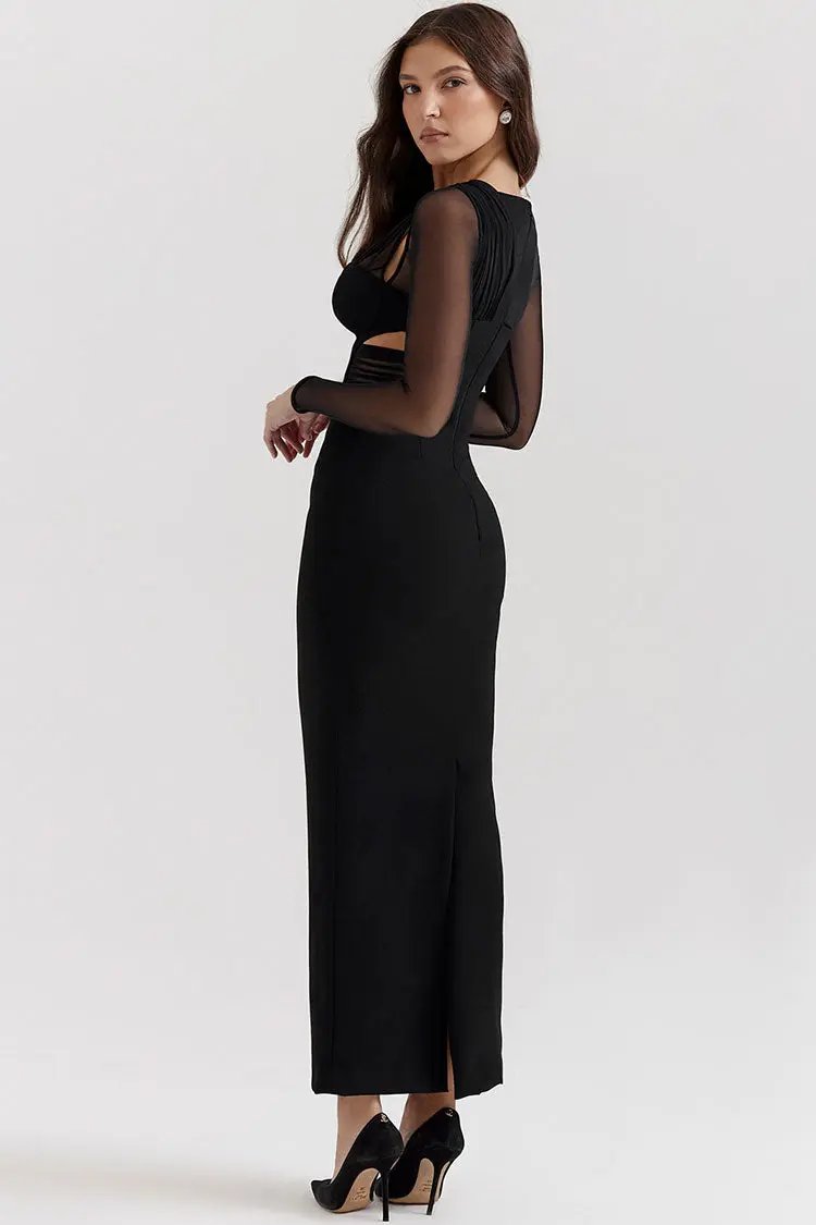 Sexy Sheer Ruched One Shoulder Cutout Bodycon Evening Maxi Dress - Black Fashionpara