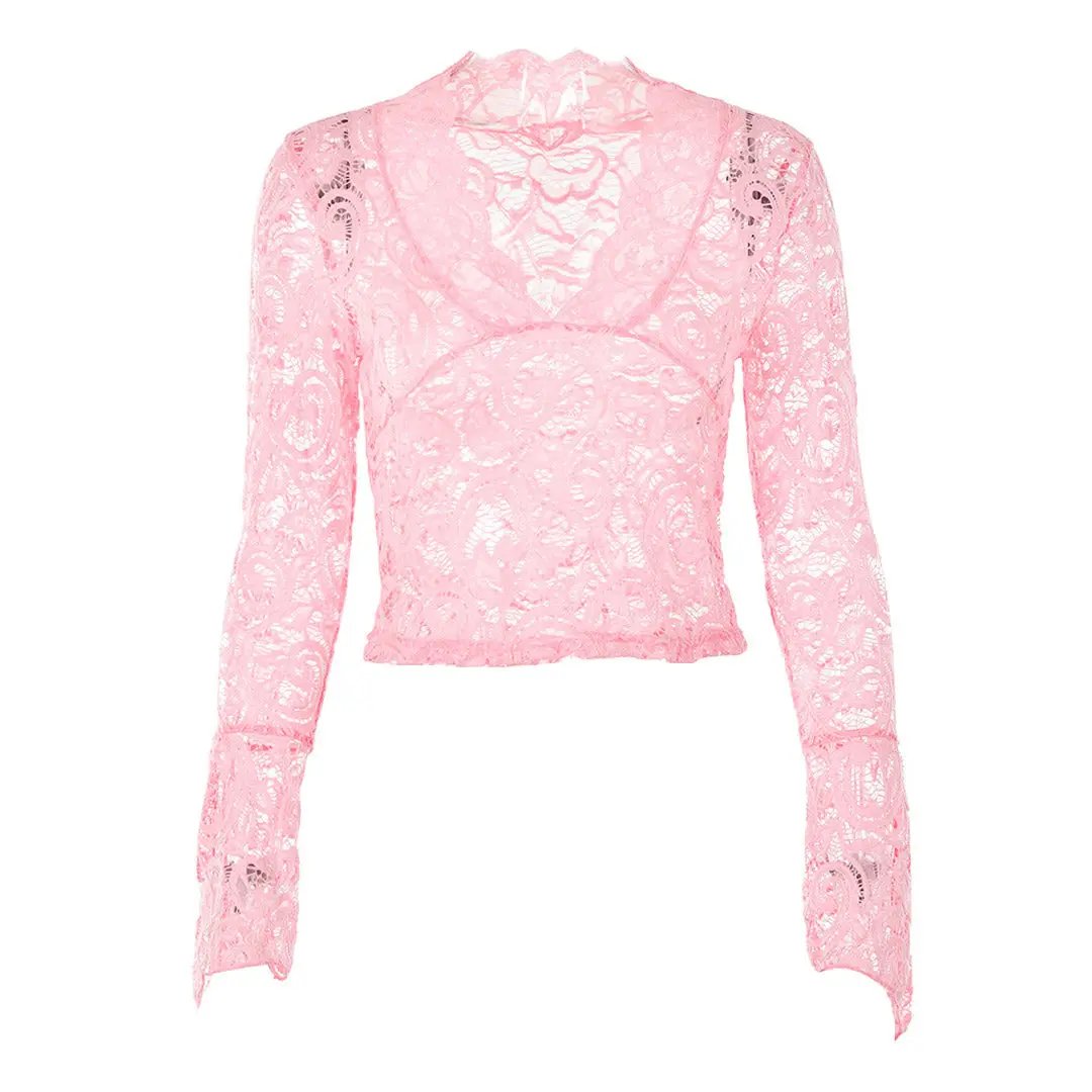 Sexy Sheer Scalloped V Neck Flared Sleeve Lace Crop Top - Pink Fashionpara