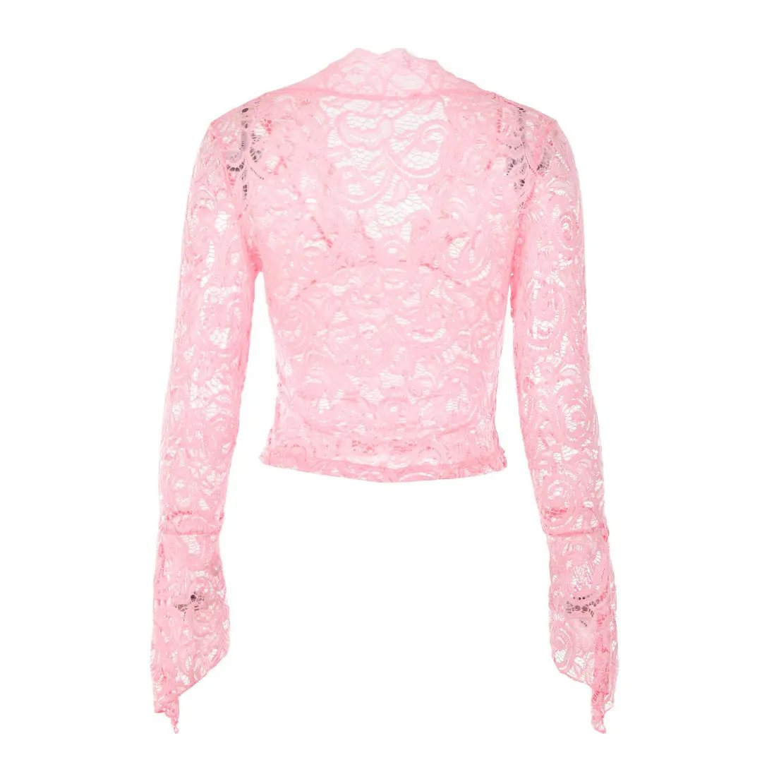 Sexy Sheer Scalloped V Neck Flared Sleeve Lace Crop Top - Pink Fashionpara