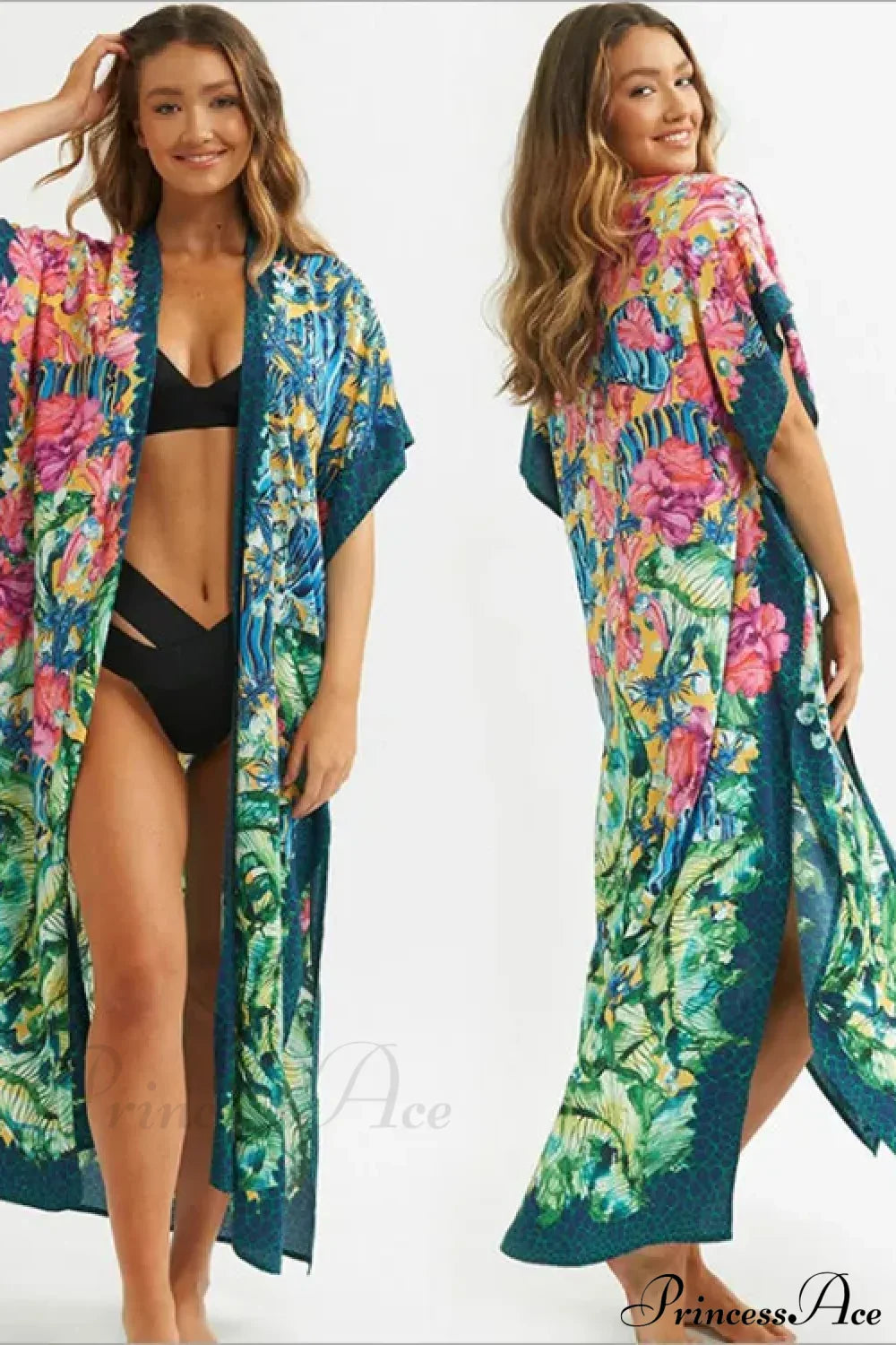 Sexy Side Split Beach Kaftan Tunic Boho Floral Print Summer Dress