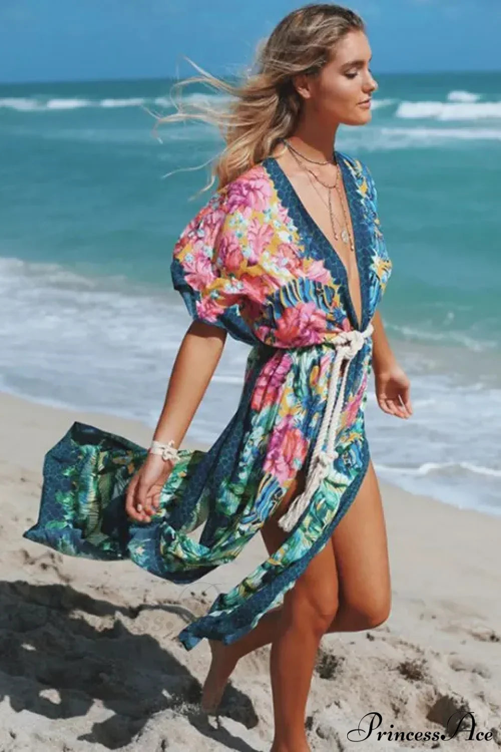 Sexy Side Split Beach Kaftan Tunic Boho Floral Print Summer Dress