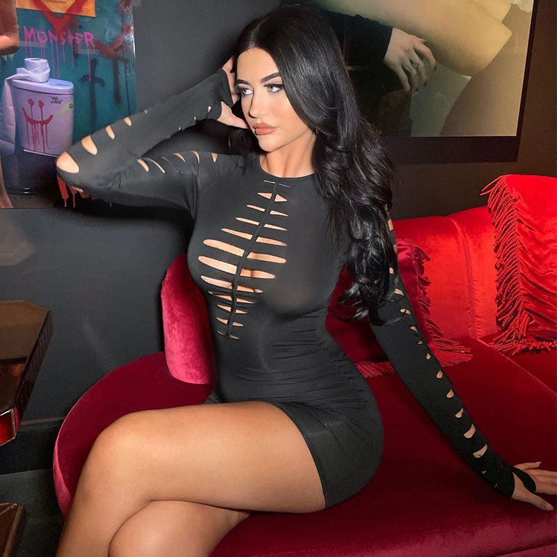Ladder Cut-Out Crew Neck Long Sleeve Bodycon Mini Dress 2