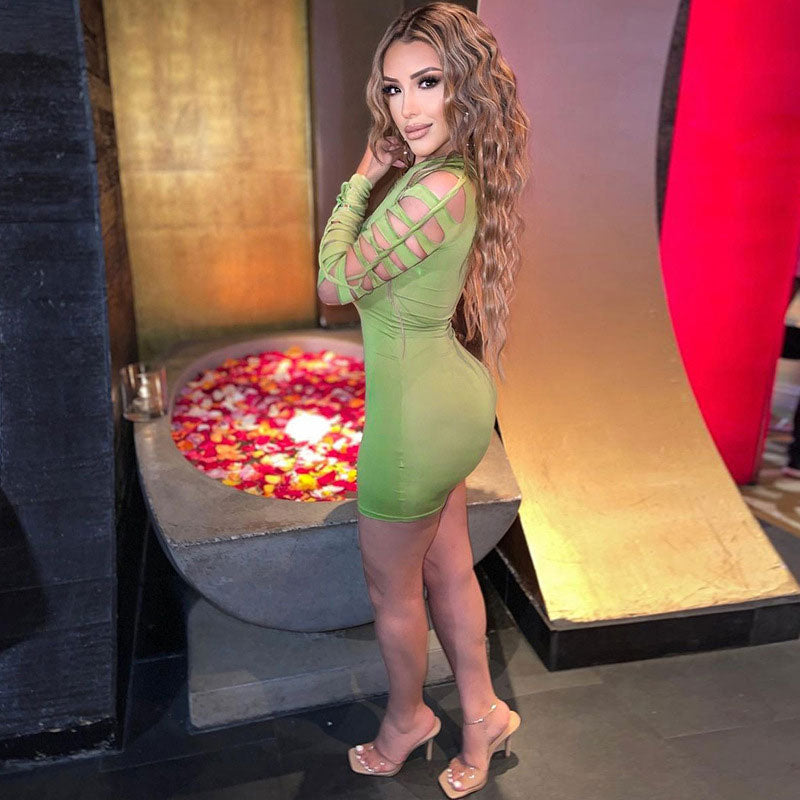 Ladder Cut-Out Crew Neck Long Sleeve Bodycon Mini Dress 3