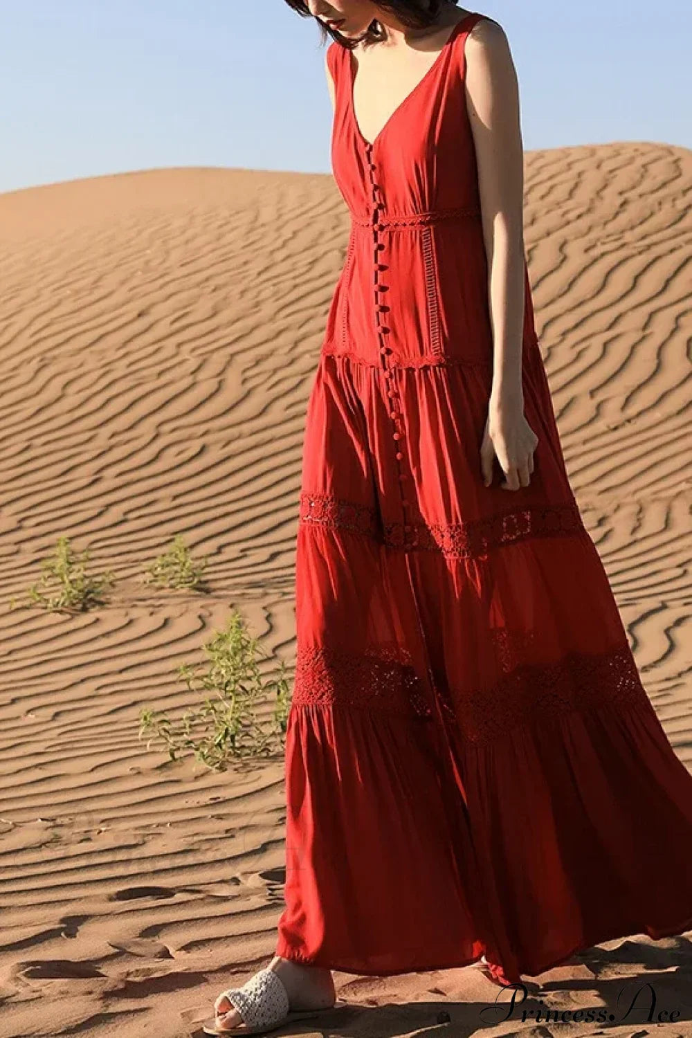 Sexy Sleeveless Deep V-neck Tank Maxi Dress Cotton Long Summer Dress Red / S bohodress-250126