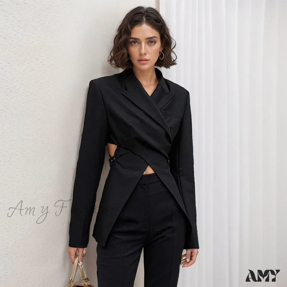 Slimming Hollow Out Notched Collar Long Sleeve Crisscross Casual Front Blazer