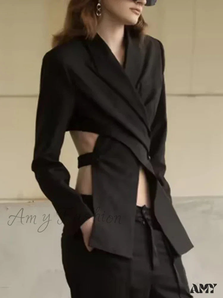 Slimming Hollow Out Notched Collar Long Sleeve Crisscross Casual Front Blazer 2