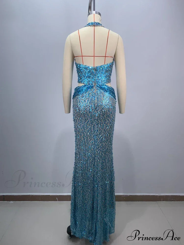 Sexy Sling Deep V-Neck Sequins Long Dress Hollow Out Slim Christmas Party Dress