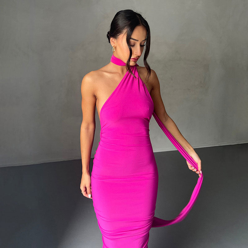 One Shoulder Ruched Backless Evening Maxi Dress - Hot Pink - View 2