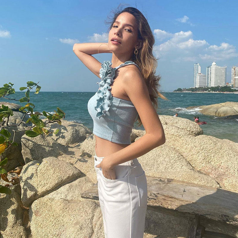 Sexy Solid Color Ribbed 3D Flower Lettuce Detail Crop Top - Baby Blue - Fashionpara