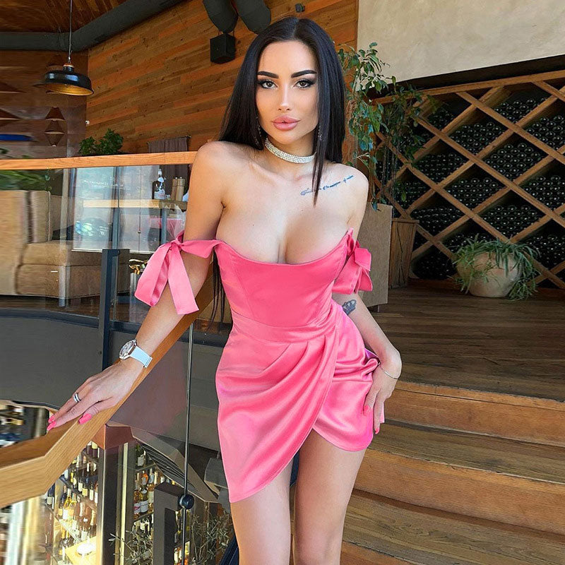 Tie Strap Ruched Wrap Trim Bodycon Mini Dress - Pink