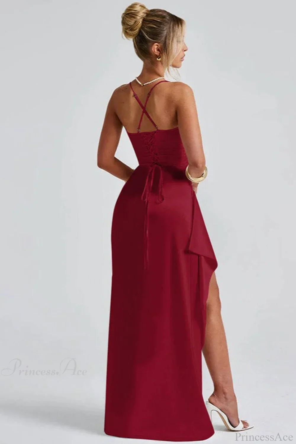 Satin Cowl Neck Ruched Thigh Slit Maxi Dress 8