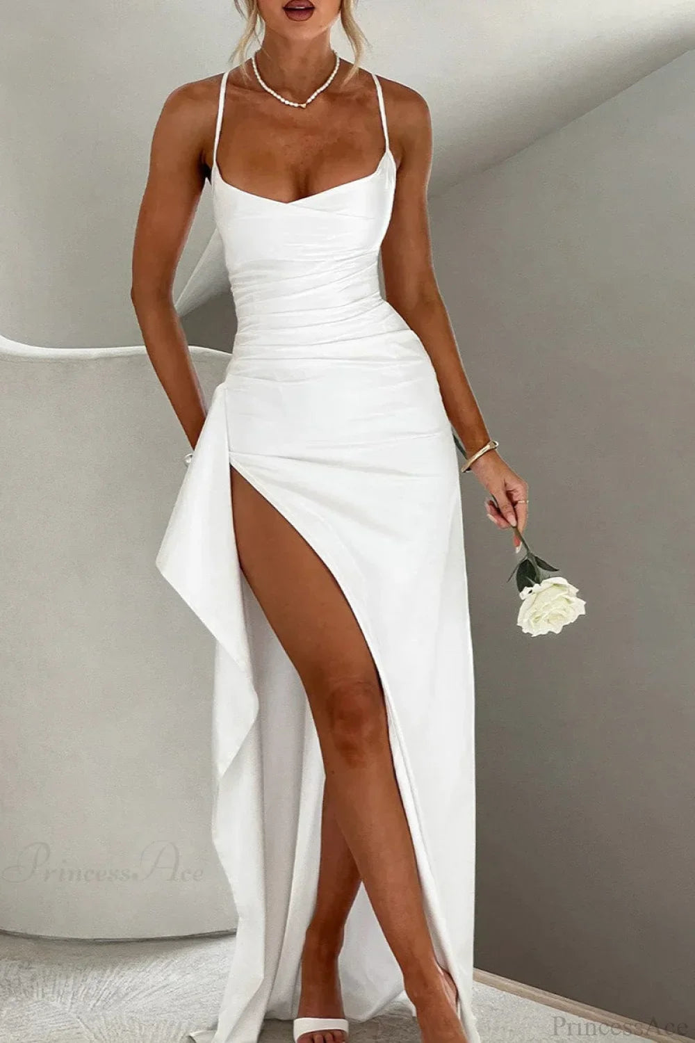 Satin Cowl Neck Ruched Thigh Slit Maxi Dress