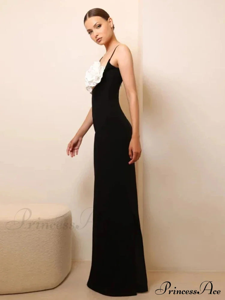 Sexy Spaghetti Strap 3D Flower Bandage Maxi Black Sleeveless Christmas Party Dress
