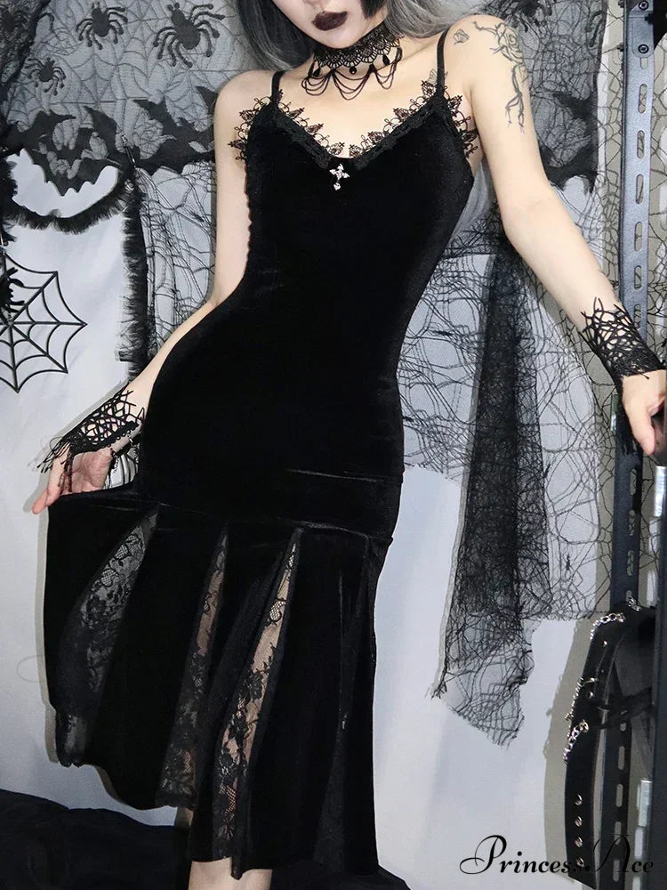 Sexy Spaghetti Strap Backless Velvet Gothic Cross Black Lace Patchwork Maxi Dress