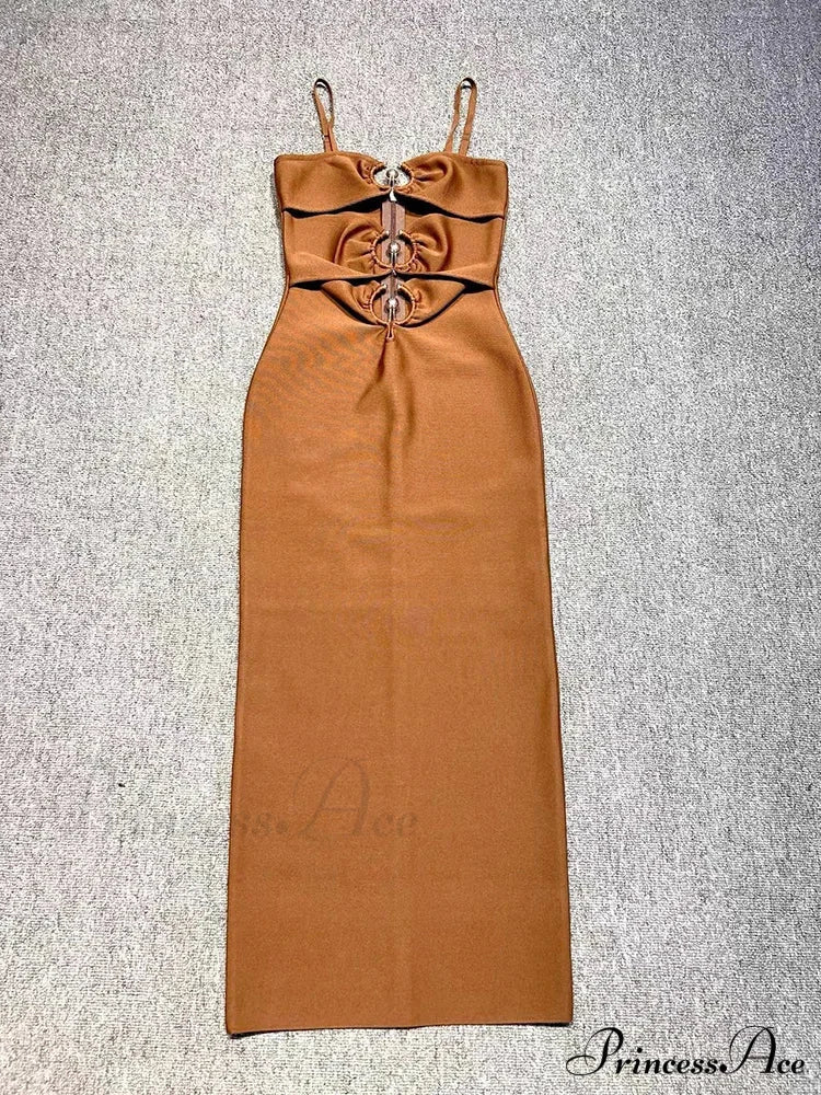 Sexy Spaghetti Strap Hollow Out Bandage Black Green Sleeveless Christmas Party Dress Brown / S