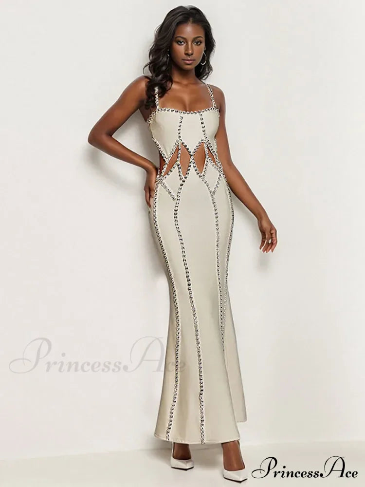 Sexy Spaghetti Strap Hollow Out Crystal Bandage Dress Sleeveless Christmas Party Dress