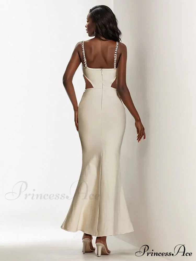 Sexy Spaghetti Strap Hollow Out Crystal Bandage Dress Sleeveless Christmas Party Dress