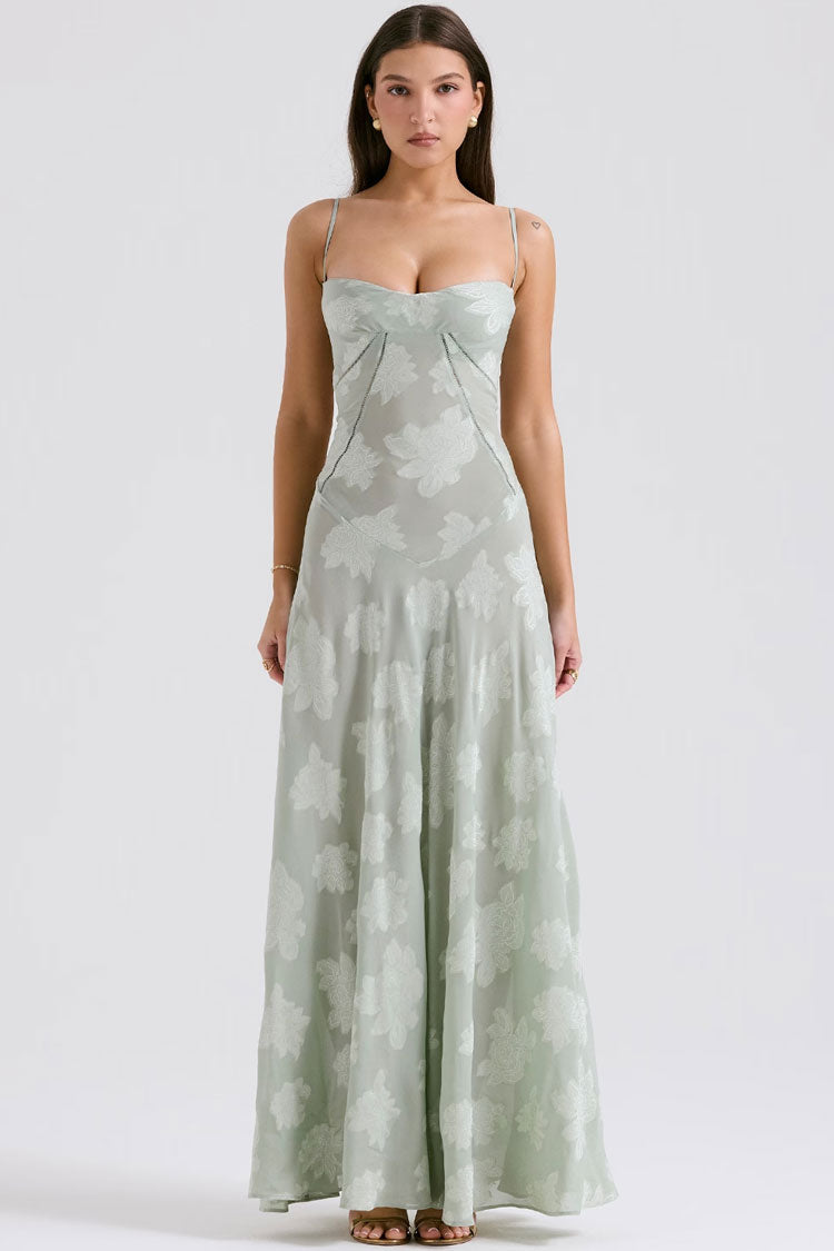 Sexy Spaghetti Strap Lace Up Sheer Jacquard Floral Evening Maxi Slip Dress - Fashionpara