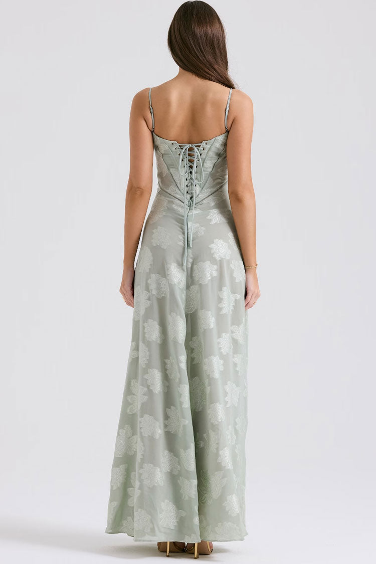 Sexy Spaghetti Strap Lace Up Sheer Jacquard Floral Evening Maxi Slip Dress - Fashionpara