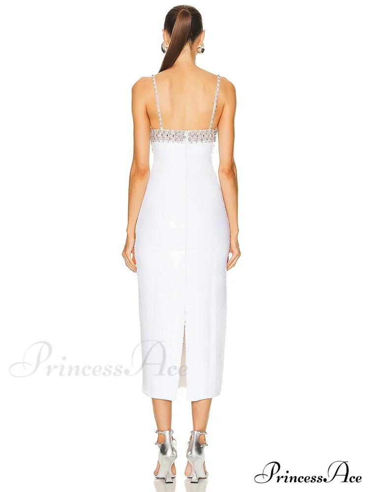 Sexy Spaghetti Strap Luxury Diamond Sequin Dress White Backless Midi Christmas Party Dress