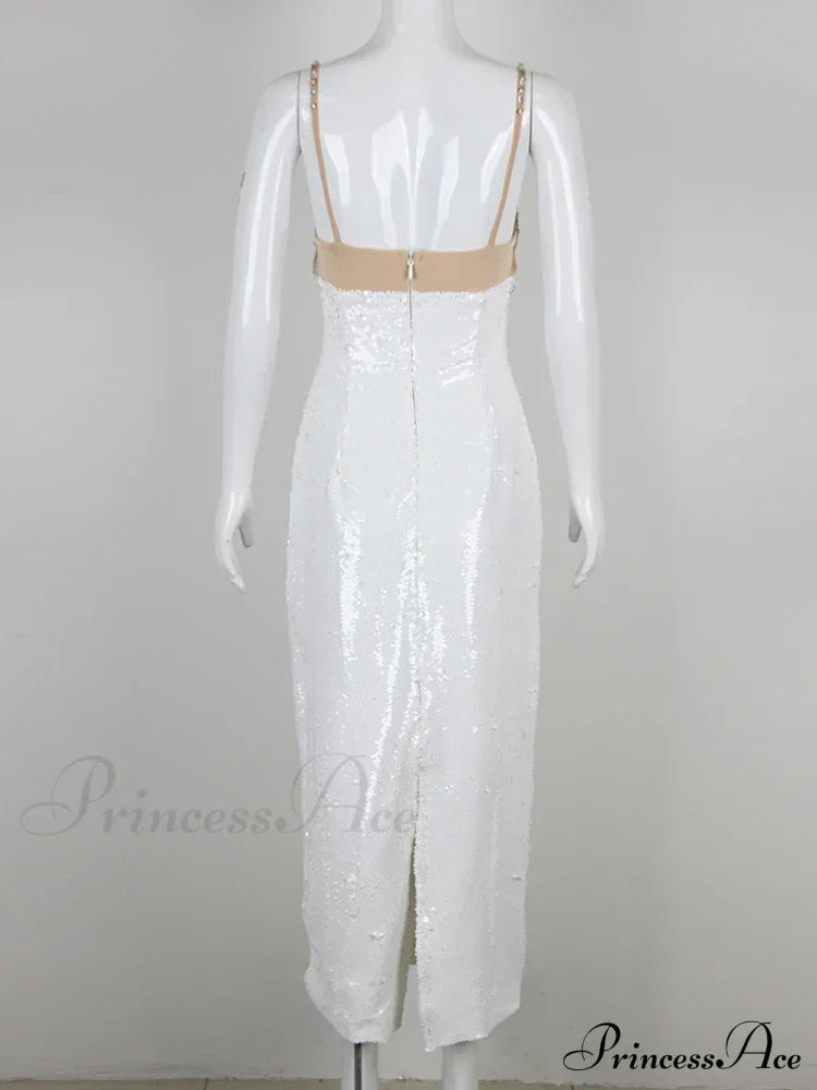 Sexy Spaghetti Strap Luxury Diamond Sequin Dress White Backless Midi Christmas Party Dress
