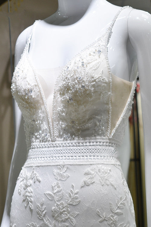 Sexy Spaghetti-Straps Tulle Wedding Dress V-Neck Sleeveless Appliques Beading Bridal Gowns On Sale - Fashionpara