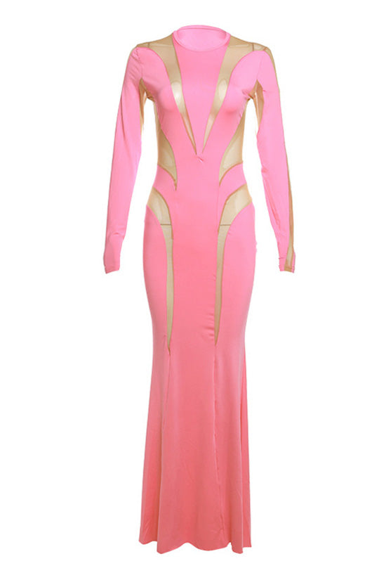 Sexy Spiral Mesh Panel Crew Neck Long Sleeve Fishtail Evening Maxi Dress - Fashionpara