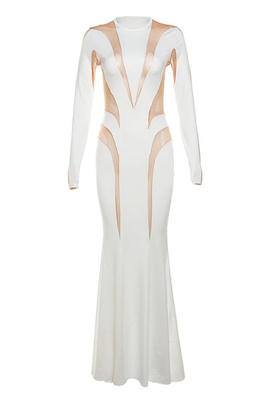 Sexy Spiral Mesh Panel Crew Neck Long Sleeve Fishtail Evening Maxi Dress - Fashionpara