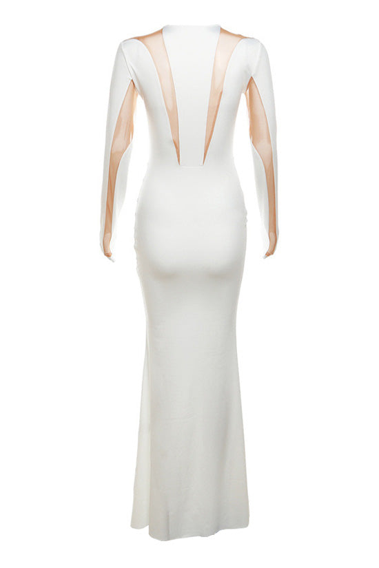 Sexy Spiral Mesh Panel Crew Neck Long Sleeve Fishtail Evening Maxi Dress - Fashionpara